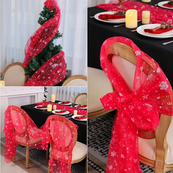 Snowkingdom Red Christmas Table Runner, Red and White Snowflakes