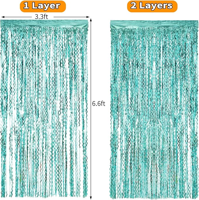 4 Pack 3.3 ft x 6.6 ft Wavy Aqua Teal Blue Tinsel Foil Fringe
