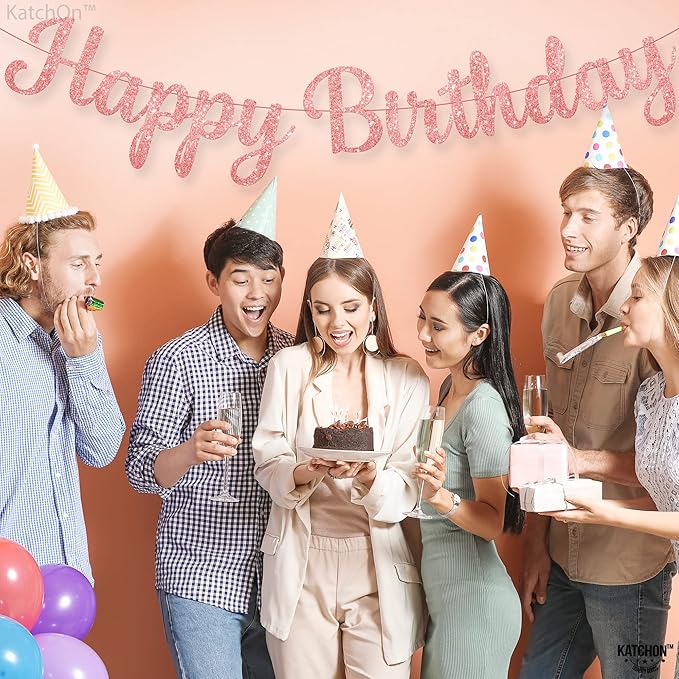 KatchOn Glitter Rose Gold Cursive Happy Birthday Banner - Pre-Strung