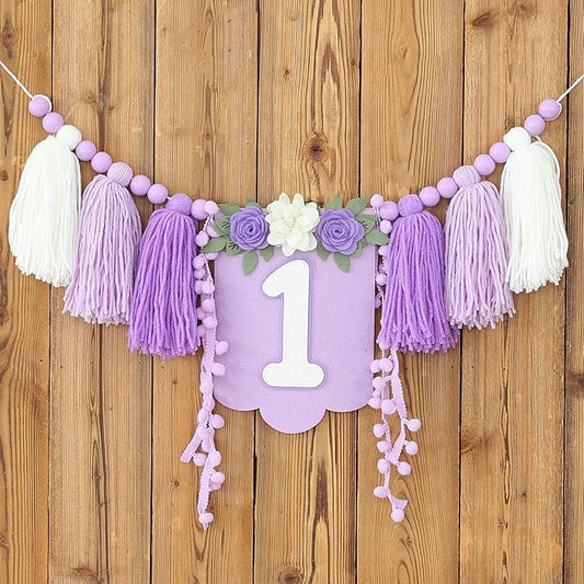 Handmade Wildflower 1st Birthday HighChair Banner Purple White Party