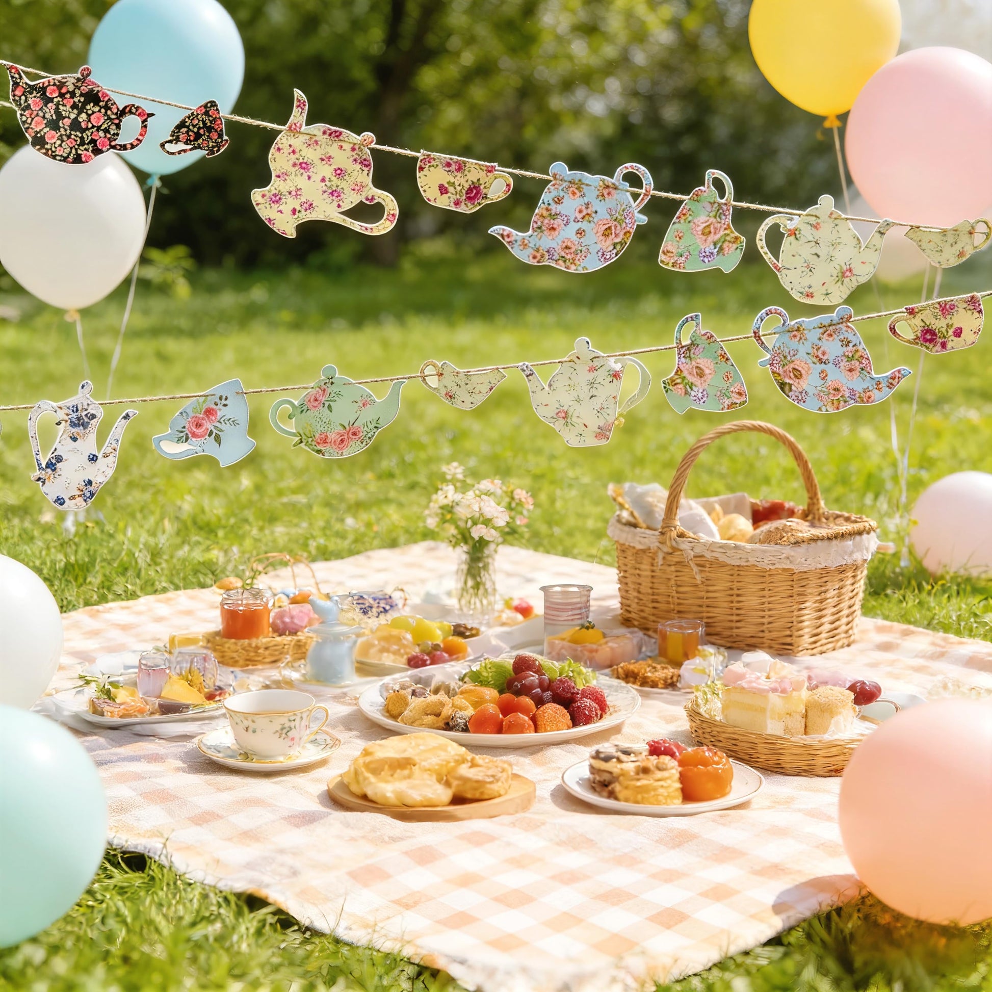 SUNBEAUTY Tea Party Decoration Teapot Bunting Garland Spring Garden