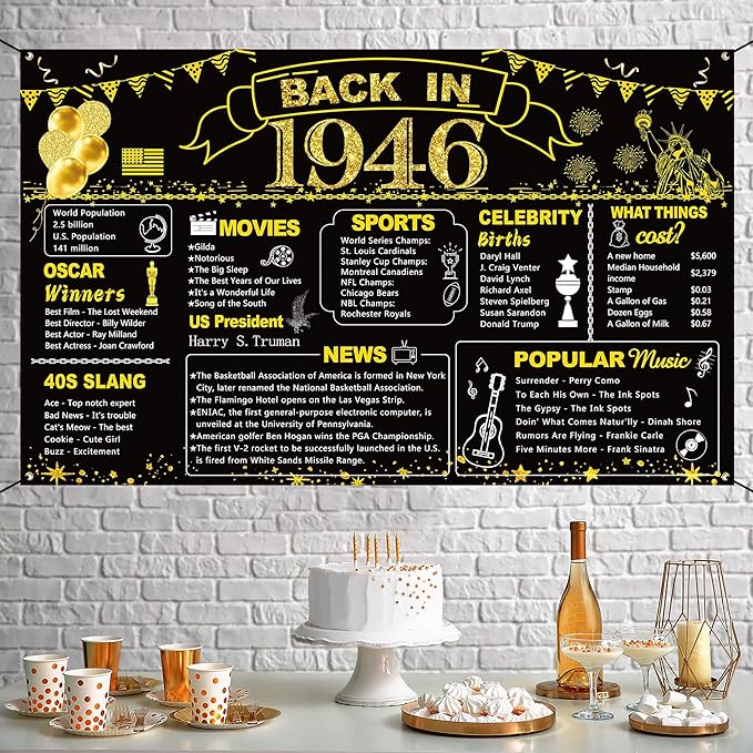 DARUNAXY 80th Birthday Black Gold Party Decoration, Back in 1946