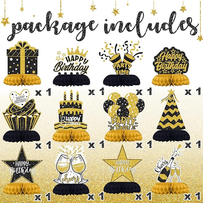 Black and Gold Birthday Decorations – 12Pcs Honeycomb Table