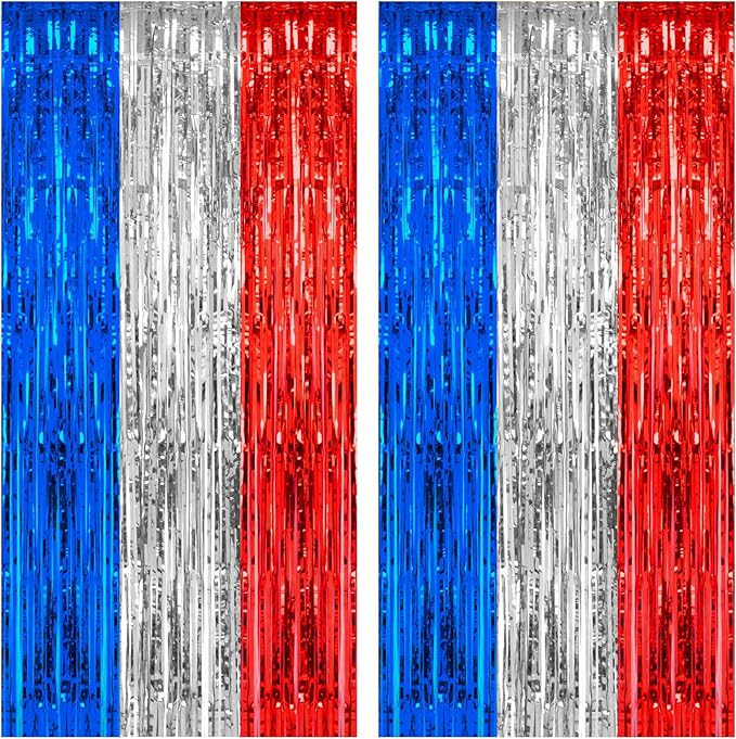 PIGETALE, 2 Pack 3.2 x 8.2 ft Red White and Blue Foil Fringe Backdrop