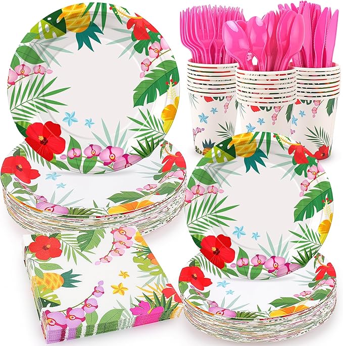 Pink Tropical Luau Party Tableware Supplies 168PCS Hawaiian Plates