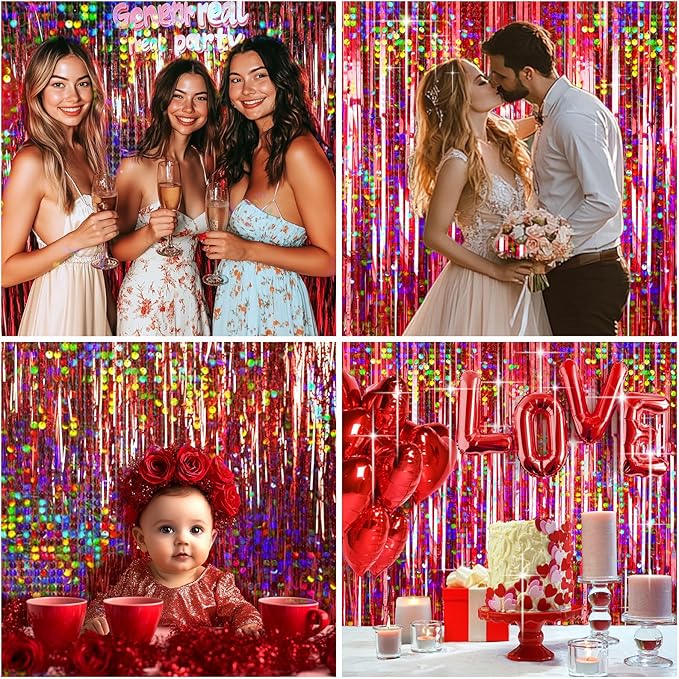 4 Packs Red Foil Fringe Curtain, Red Glitter Metallic Tinsel Backdrop