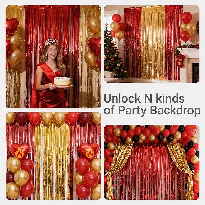 3 Packs Red Gold Foil Fringe Curtains Extra Wide 9.9ft for Birthday