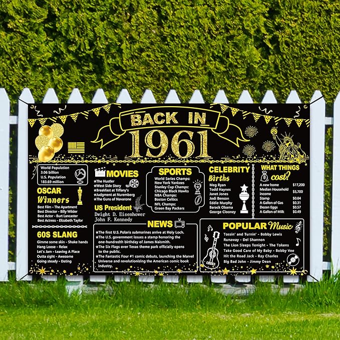 DARUNAXY 65th Birthday Black Gold Party Decoration, Back in 1961