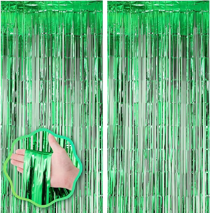 Voircoloria 2 Pack Green Foil Fringe Backdrop Curtains, Tinsel