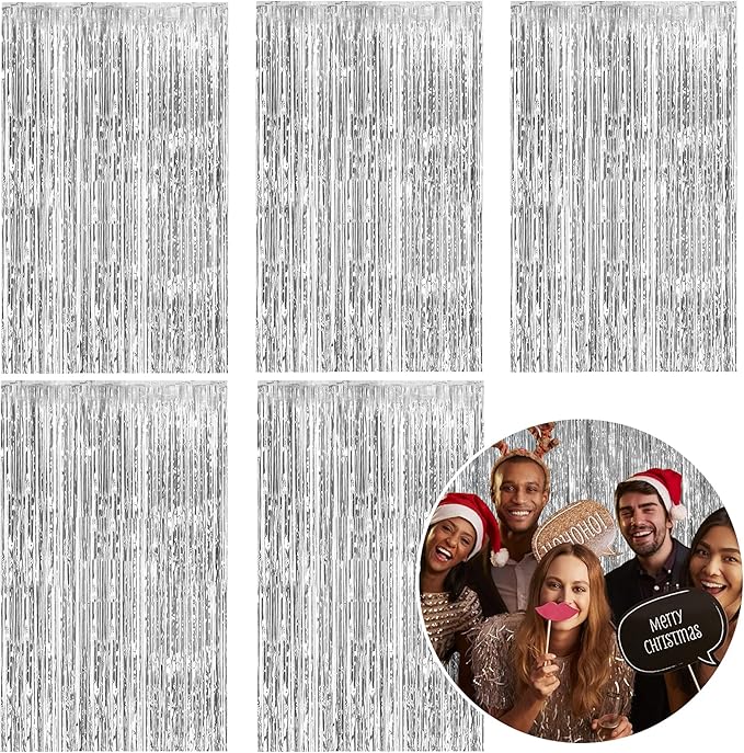 5 Pack Foil Curtain Backdrop Silver Metallic Tinsel Foil Fringe