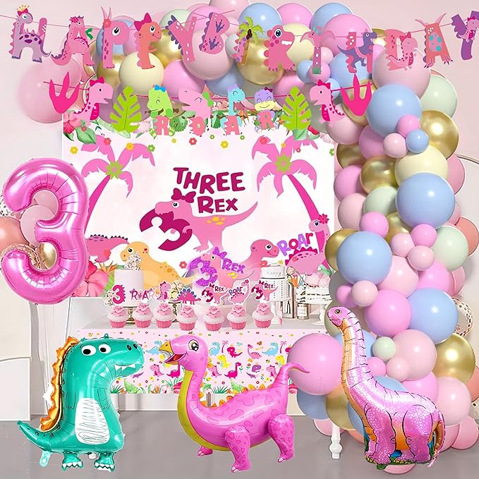Pink Three Dino Rex Birthday Party Decorations Dinosaur 3rd Birthday