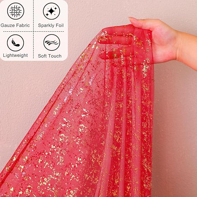 Snowkingdom Red Gold Table Runner Gauze 10FT Sparkly Sequin Glitter