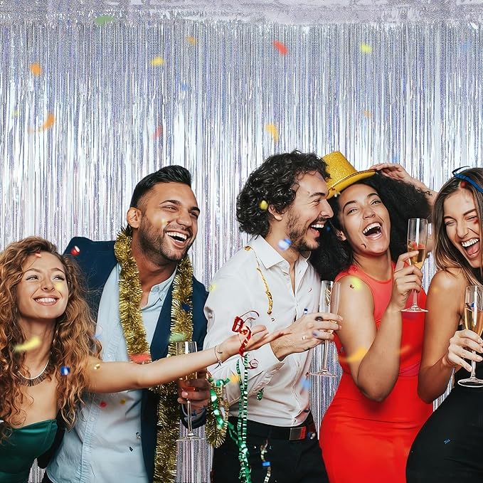8 Pack 3.28 FT x 7.05 FT Tinsel Foil Fringe Backdrop, Glitter Silver