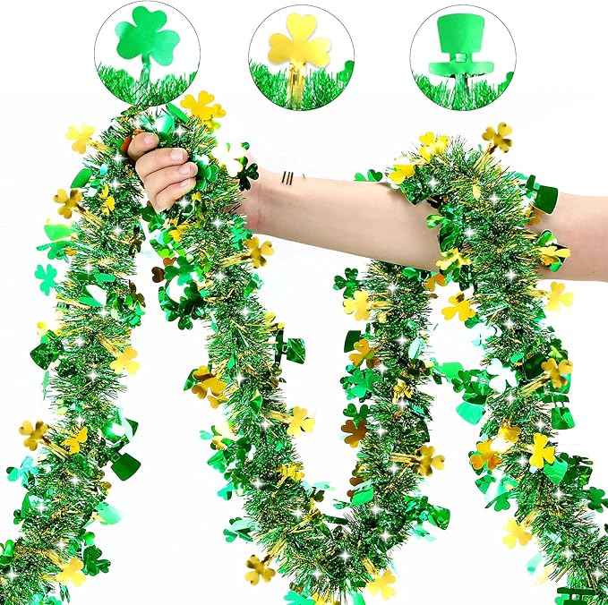 50FT St Patrick's Day Tinsel Garland Green Gold Shamrock Hat Tinsel