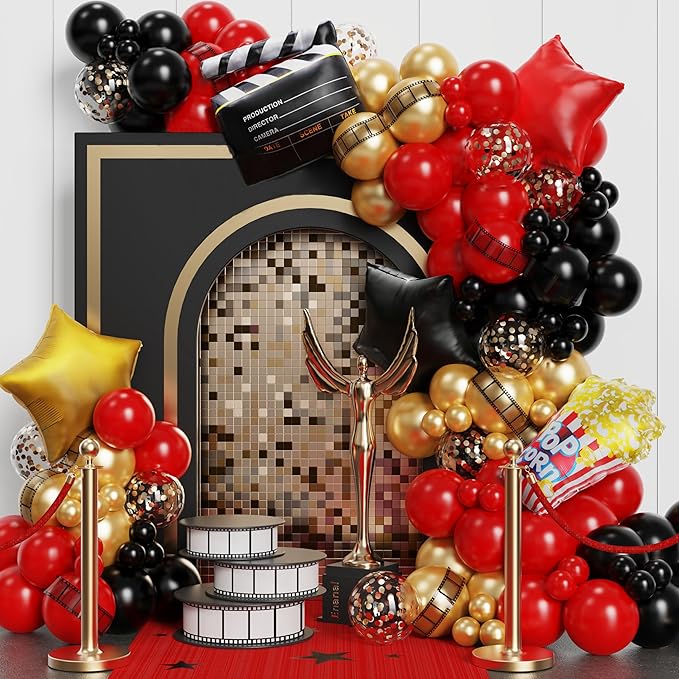 Movie Night Balloon Garland Arch Kit 134pcs Black Red Chrome Gold