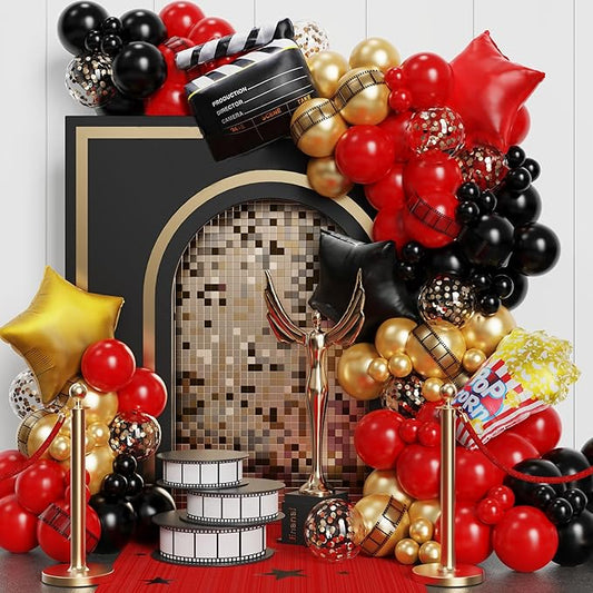 Movie Night Balloon Garland Arch Kit 134pcs Black Red Chrome Gold
