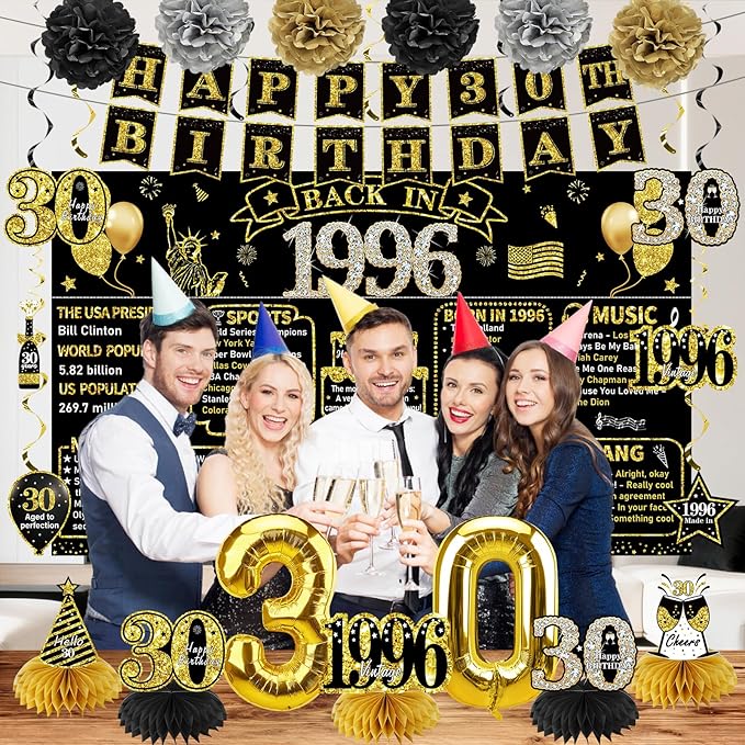 30th Birthday Decorations for Men Women 21pcs the Year 1996 Banner