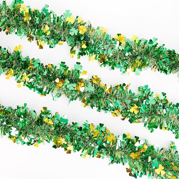 St Patricks Day Garland Decor 50Ft Glitter Tinsel Irish Shamrock