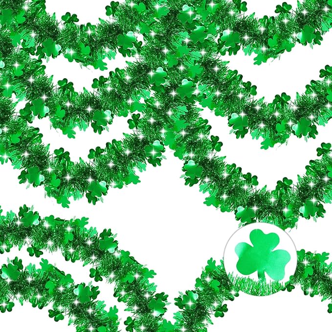 50FT St Patrick's Day Tinsel Garland, Green Shamrock Tinsel Garland
