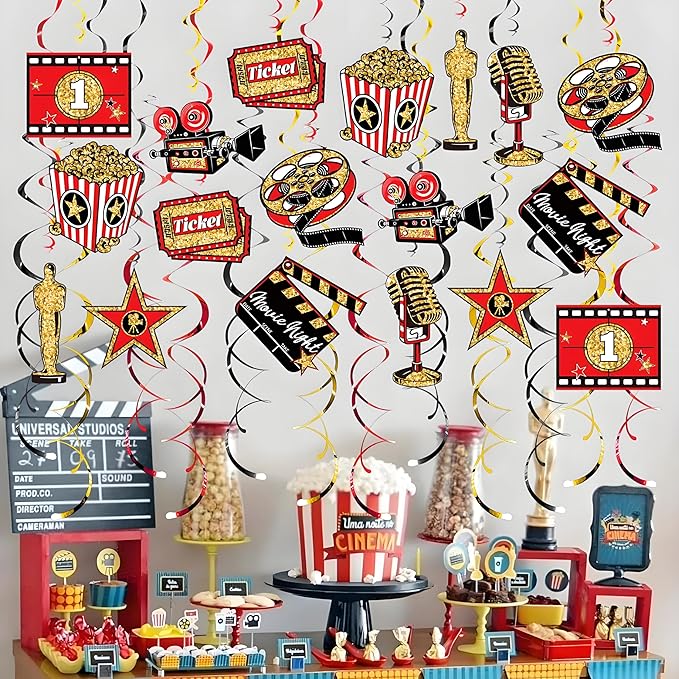 48CT Movie Night Hanging Swirls Decorations Red Gold and Black