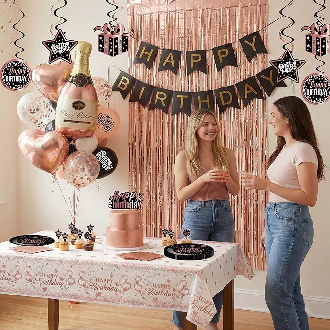 Rose Gold and Black Birthday Decorations Party Supplies Kit with
