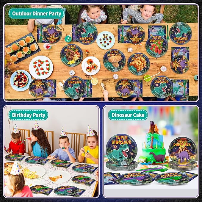 96 Pcs Super Dinosaur Plates and Napkins for Dinosaur Birthday Party