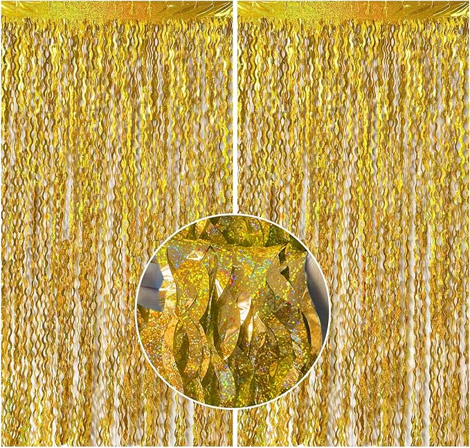 2 Pack Gold Fringe Curtain Backdrop Tinsel Streamers Birthday Party