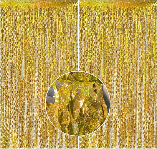 2 Pack Gold Fringe Curtain Backdrop Tinsel Streamers Birthday Party