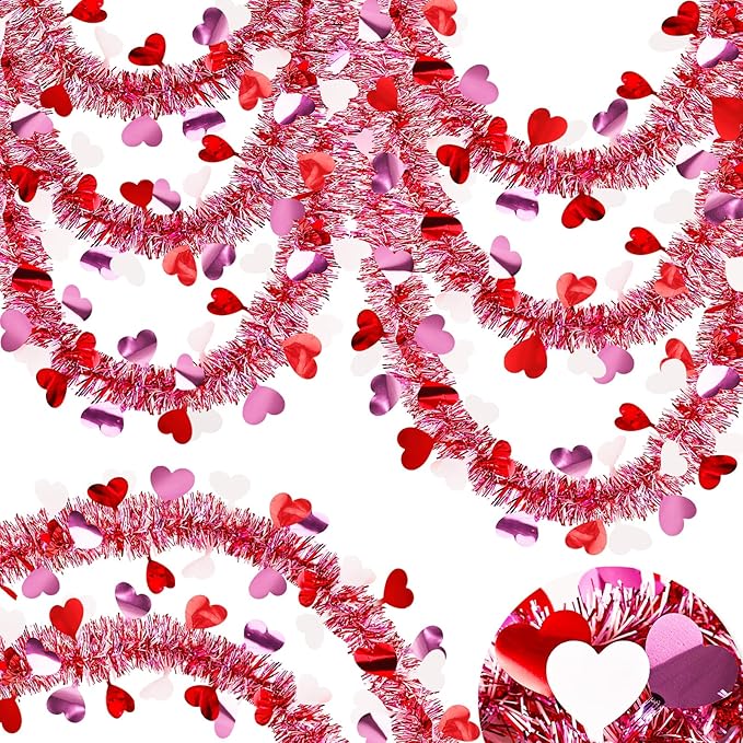 66 FT Valentine's Day Tinsel Garland Decor Red White Pink Heart