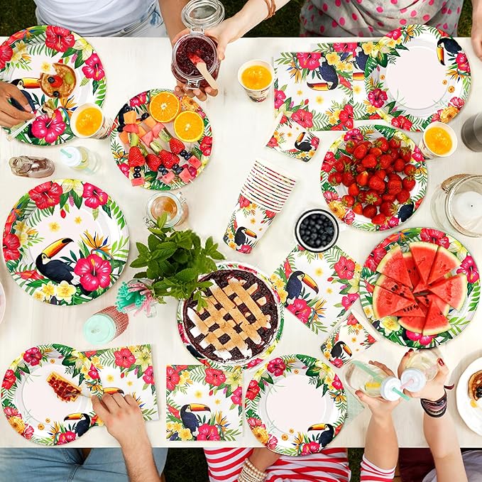 96PCS Tropical Plates and Napkins Hawaiian Cups Luau Party Tableware