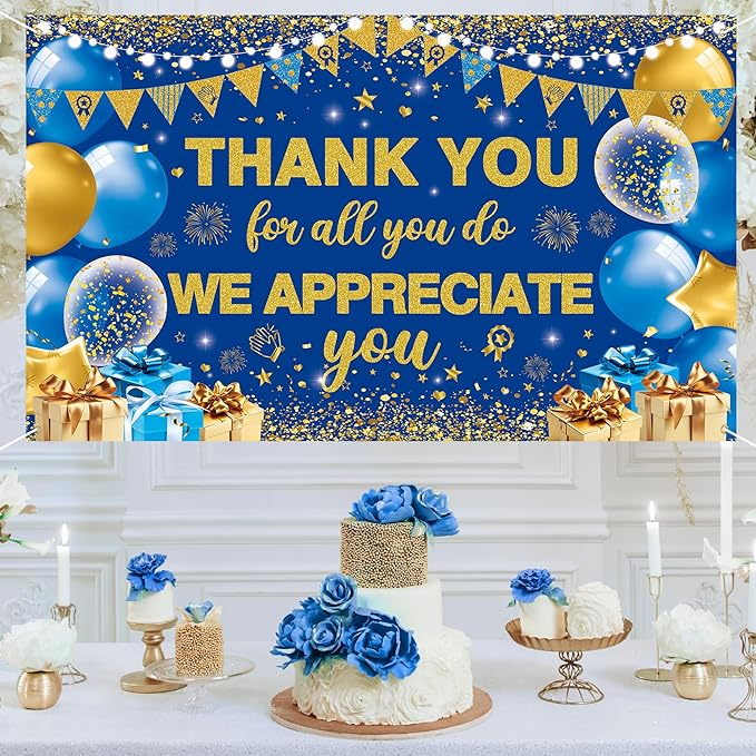 Vlipoeasn We Appreciate You Banner Decorations, Blue Gold Thank You