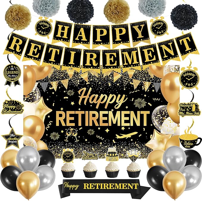 Black Gold Retirement Party Decorations Happy Retirement Banner