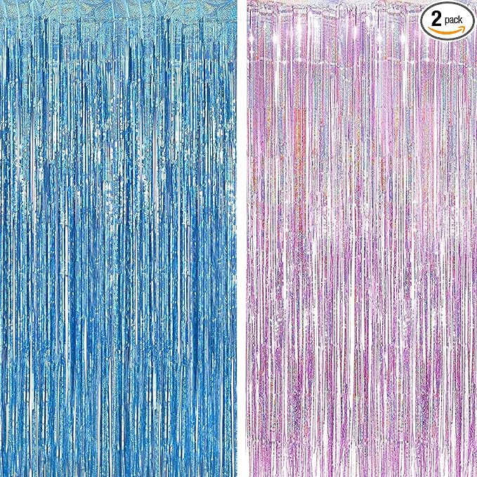 BRAVESHINE Pink Blue Tinsel Foil Fringe Curtains - 2Pcs 3.2x8.2ft