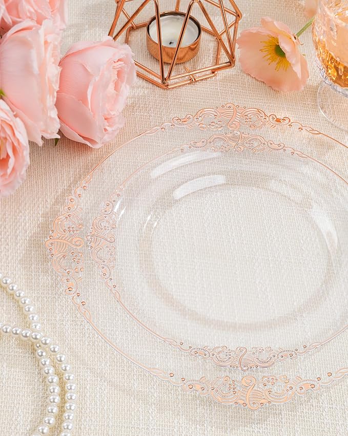 Nervure 175PCS Rose Gold Plastic Plates - Disposable Rose Gold Party