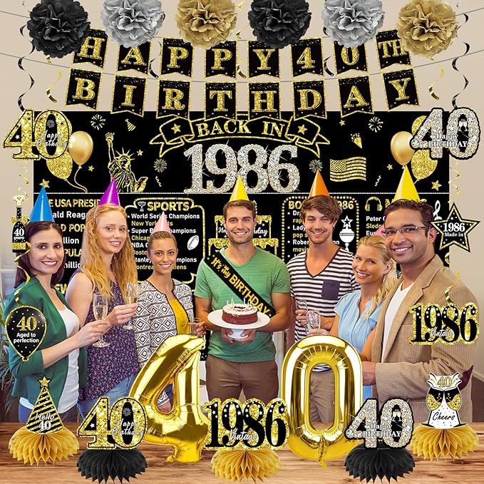 40th Birthday Decorations for Men Women 21pcs the Year 1986 Banner