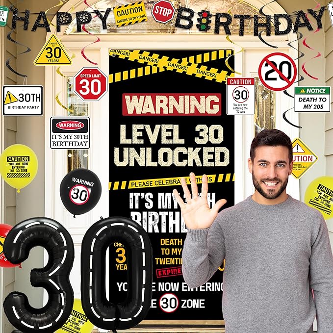 30th Birthday Decorations Men Women Caution Logo Level 30 Unlocked