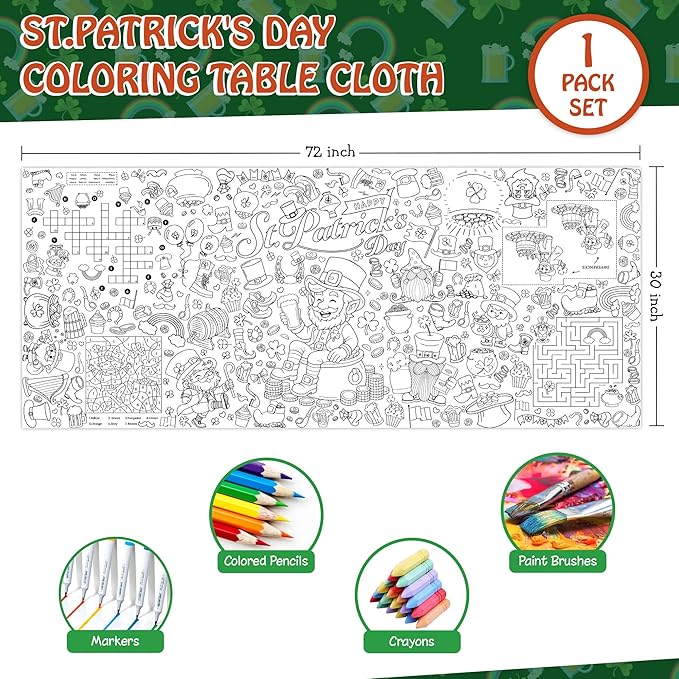 St Patrick's Day Coloring Tablecloth for Kids Giant 30x72 Inch