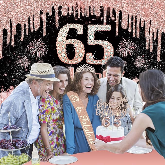 65th Birthday Decorations for Women with Banner Rose Gold Tablecloth