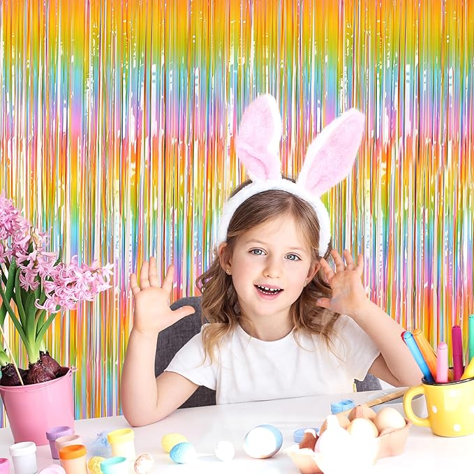 Melsan Pastel Tinsel Backdrop for Easter Decorations, Macaron Rainbow