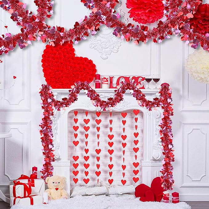 50 Feet Valentines Day Garland Decor Red Pink Heart Tinsel Garland