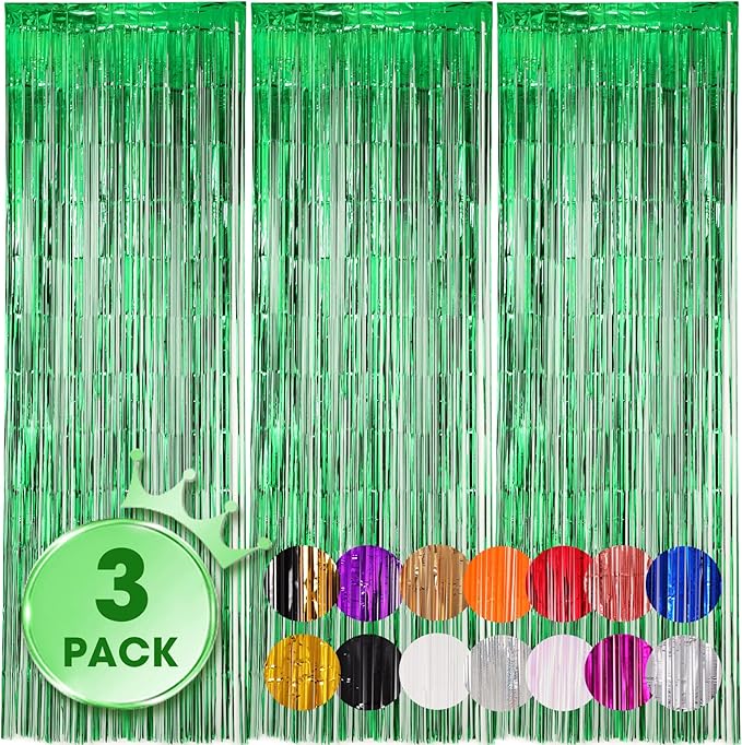 Voircoloria 3 Pack 3.3x8.2 Feet Green Foil Fringe Backdrop Curtains,