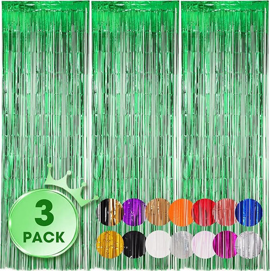 Voircoloria 3 Pack 3.3x8.2 Feet Green Foil Fringe Backdrop Curtains,