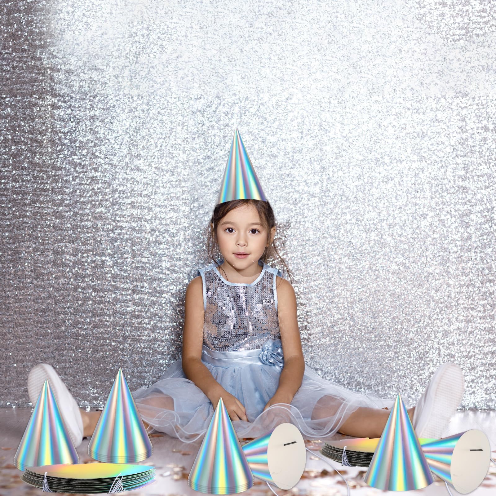 ZOIIWA 48 Pieces Iridescent Party Hats Rainbow Laser Themed Hat