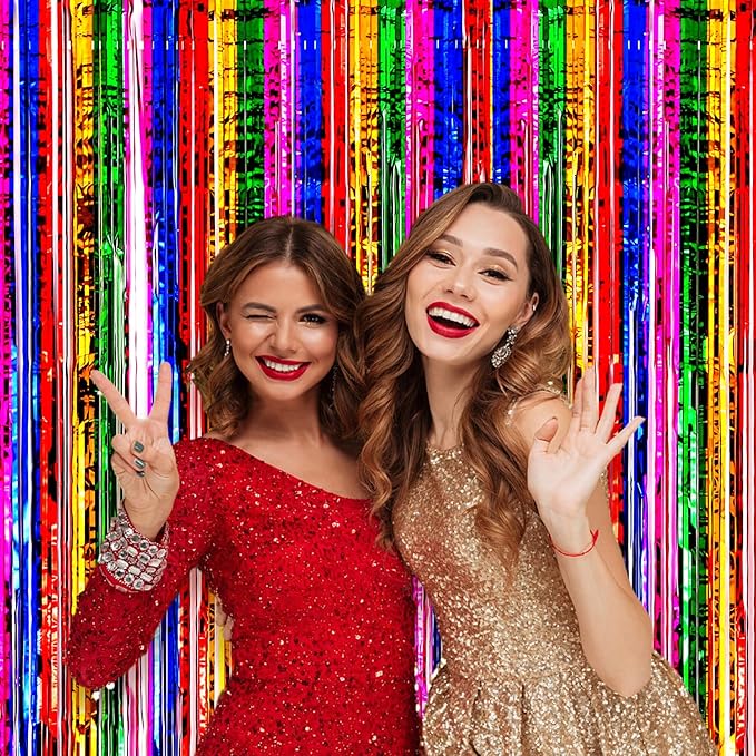 Voircoloria 2 Pack 3.3x8.2 Feet Rainbow Foil Fringe Backdrop