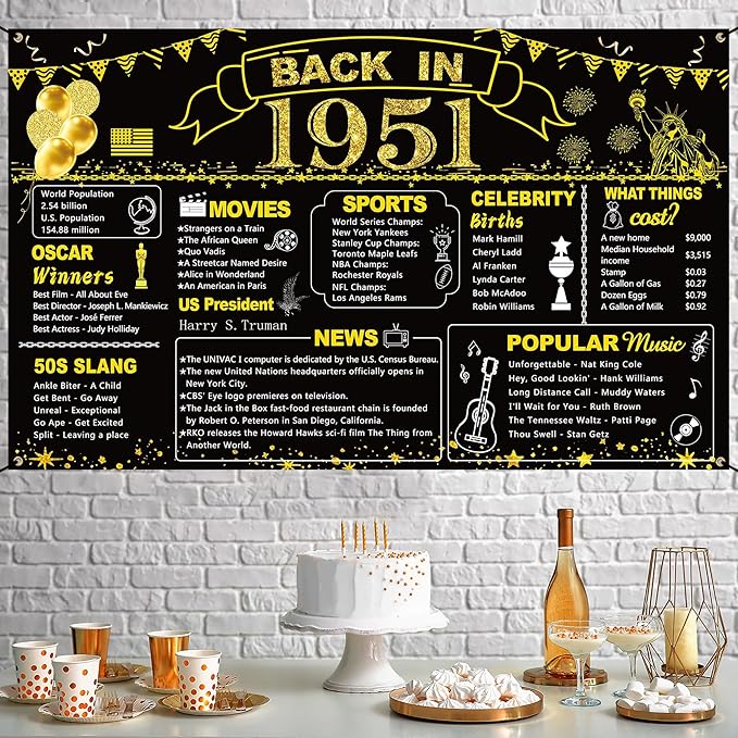 DARUNAXY 75th Birthday Black Gold Party Decoration, Back in 1951