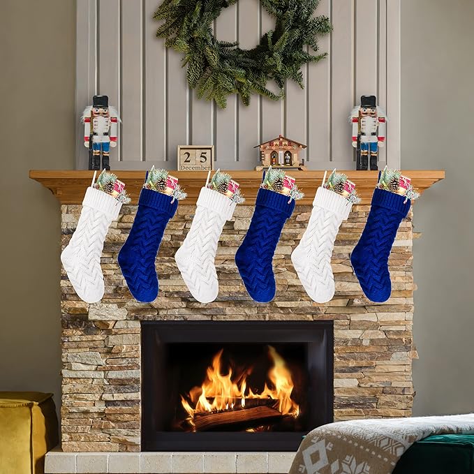 Christmas Stockings, 18 Inch White and Blue Cable Knitted Stockings