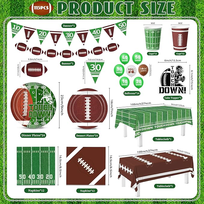 115PCS Football Party Decorations Football Paper Plates and Napkins