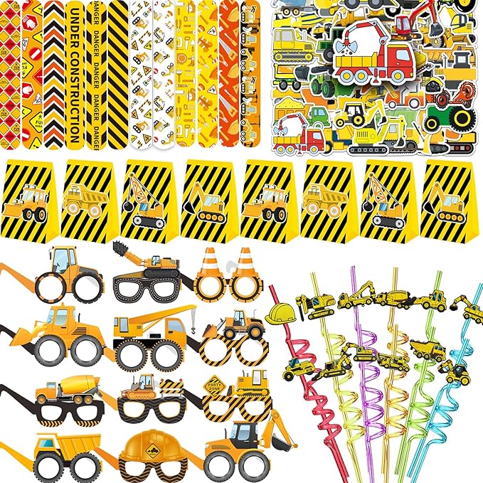 98pcs Construction Party Supplies Reusable Drinking straws Masks