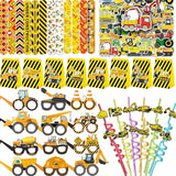 98pcs Construction Party Supplies Reusable Drinking straws Masks