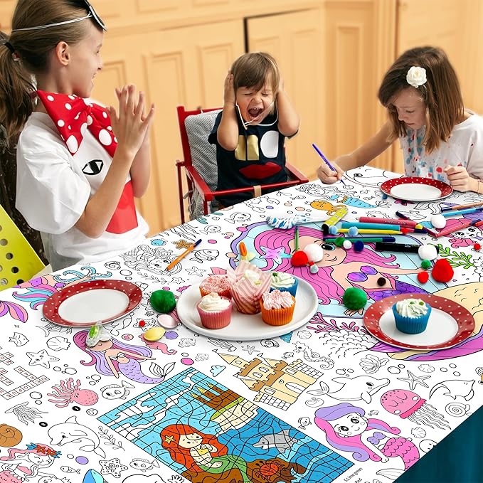 Mermaid Coloring Tablecloth for Kids 30x72 Inch Poster with Mermaids